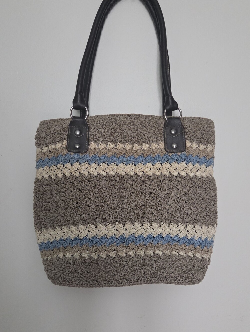 Woven Crochet Tote Bag with Blue & Cream Stripes